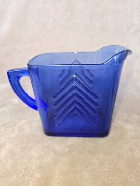 Vintage Hazel Atlas Cobalt Blue Chevron Glass Creamer Pitcher Almost 4"